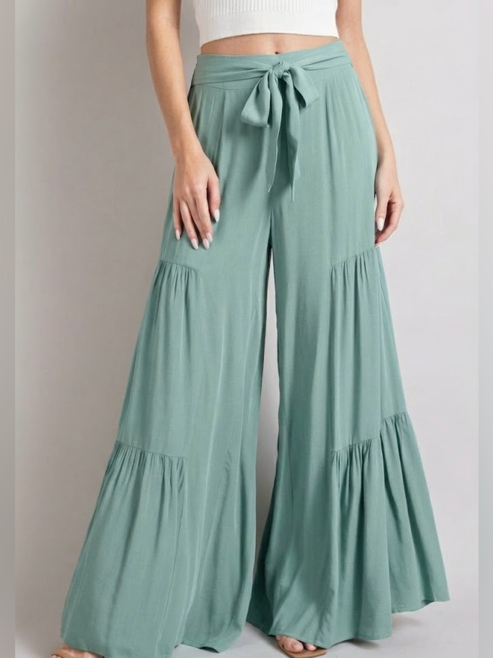 eesome Women’s fresh Mint Wide Leg Tie-Waist Tiered Pants Size L 100% Rayon